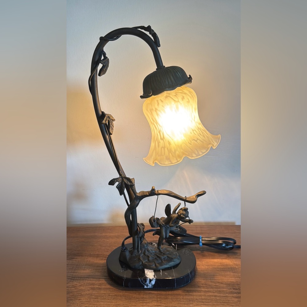 Cherub On Swing Bronze Lamp Nightlight Victorian Style White Glass Shade.